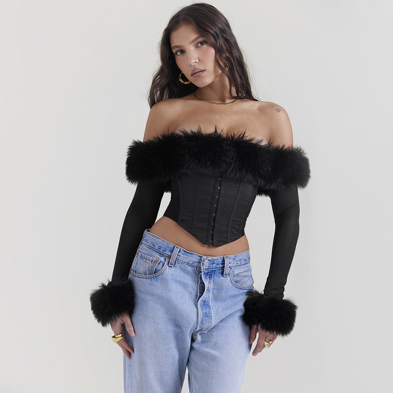 Fur Collar Off Shoulder Boning Corset Long Sleeve Top XS / Black - ENCHANTE VOGUE