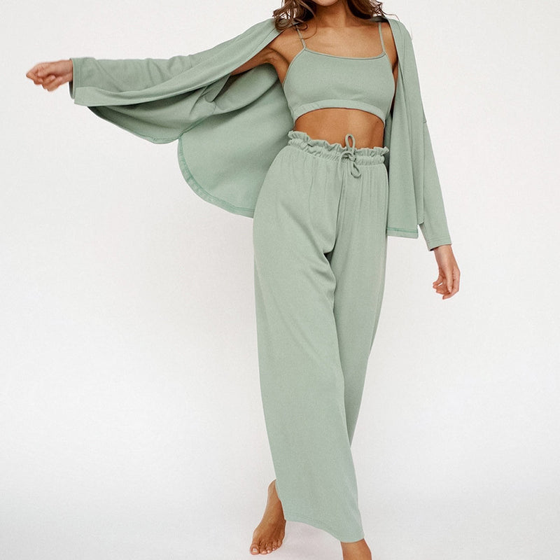 Knitted Silk Corset Comfortable Loungewear Three Piece Set S / Green - ENCHANTE VOGUE