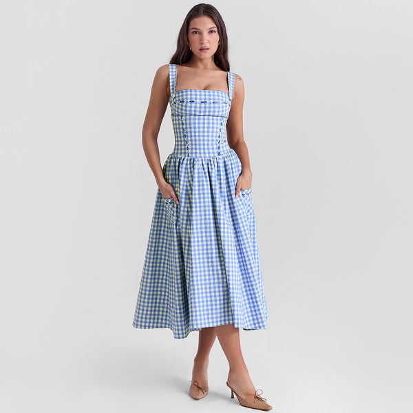 Sexy Pastoral Blue Plaid Sling Midi Dress XS / Blue - ENCHANTE VOGUE