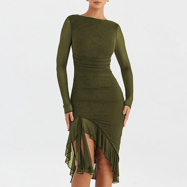 Mesh Stitched Backless Sheath Midi Dress S / Green - ENCHANTE VOGUE