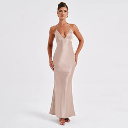 V neck Backless Long Slim Camisole Maxi Dress S / Ivory - ENCHANTE VOGUE