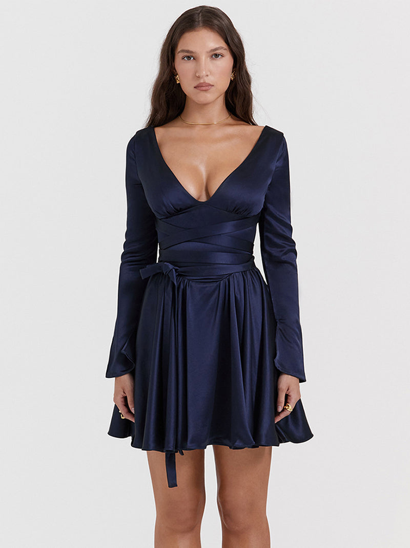 V Neck Tight Waist Long Sleeve Mini Dress XS / Navy Blue - ENCHANTE VOGUE