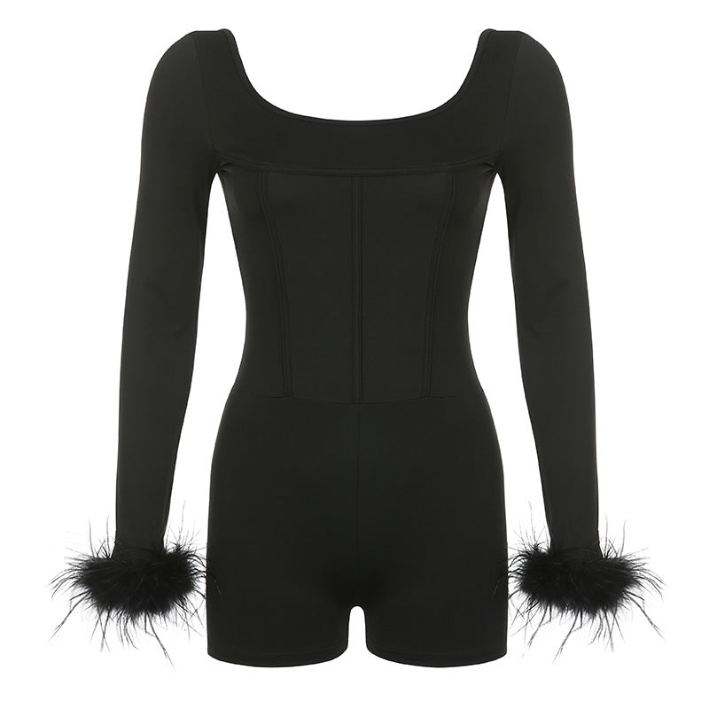 Furry Stitching Waist Square Collar Romper S / Black - ENCHANTE VOGUE