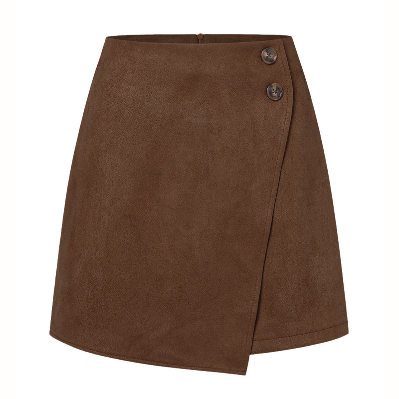 Suede Asymmetric High Waist Button Skirt S / Brown - ENCHANTE VOGUE