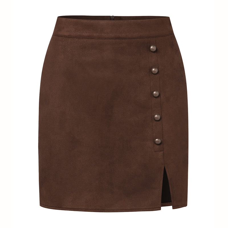 Suede High Waist Metal Buckle Hip Skirt S / Khaki - ENCHANTE VOGUE