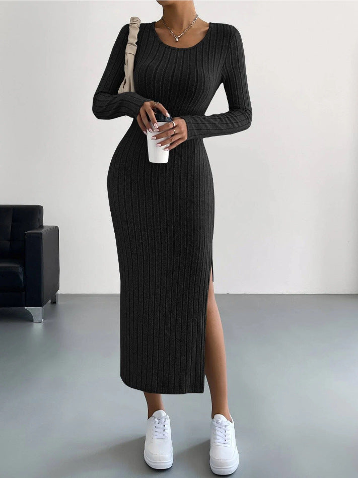 Long Sleeve Crew Neck Split Knitted Maxi Dress XS / Black - ENCHANTE VOGUE