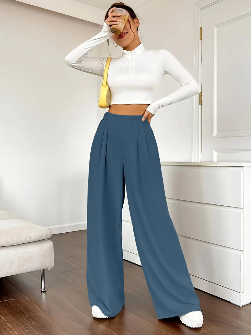 High Waist Wide Leg Straight Casual Trousers XS / Blue - ENCHANTE VOGUE