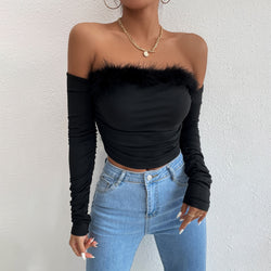 Retro Fur Collar Tube Off-Neck Off-Shoulder Top XS / Black - ENCHANTE VOGUE