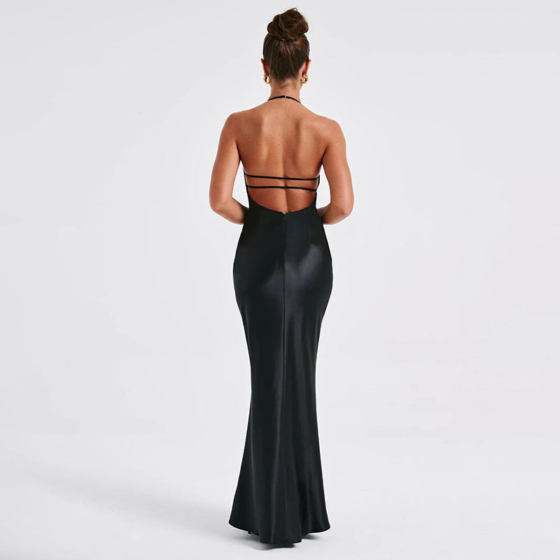 V neck Backless Long Slim Camisole Maxi Dress S / Black - ENCHANTE VOGUE