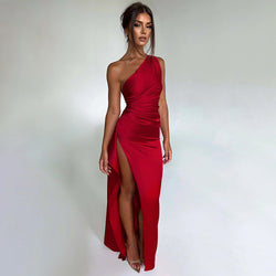 One Shoulder Slim Fit Slit Maxi Dress XS / Red - ENCHANTE VOGUE