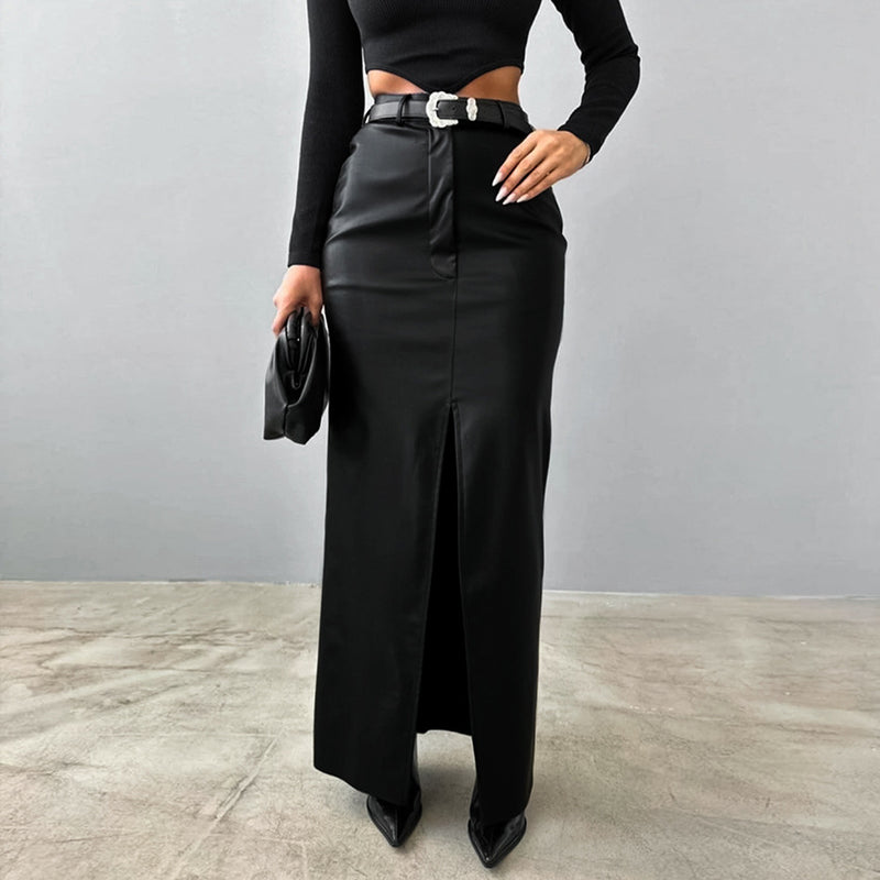 Elegant Fleece Lined High Waist Slit Leather Skirt S / Black - ENCHANTE VOGUE