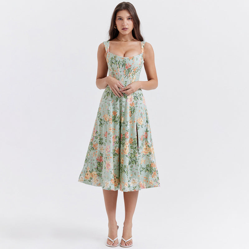 Sexy Boning Corset Slim Fit Slit Midi Floral Dress XS / Green - ENCHANTE VOGUE