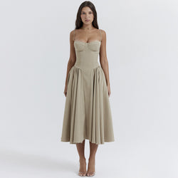 V Neck Strap Waist Tight Slim Fit Midi Dress XS / Khaki - ENCHANTE VOGUE