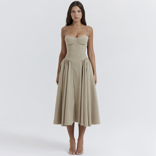 V Neck Strap Waist Tight Slim Fit Midi Dress XS / Khaki - ENCHANTE VOGUE