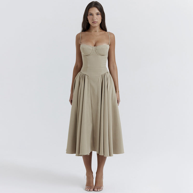 V Neck Strap Waist Tight Slim Fit Midi Dress XS / Khaki - ENCHANTE VOGUE