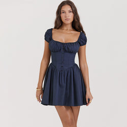 Boning Corset Slim Fit Puff Sleeve Mini Dress XS / Navy Blue - ENCHANTE VOGUE