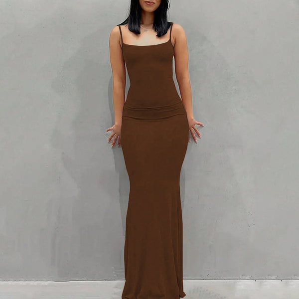 Skim Casual Slim Strap Maxi Dress S / Coffee - ENCHANTE VOGUE