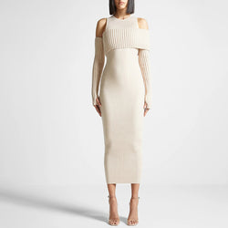 Slimming Patchwork Knitted Midi Dress S / Apricot - ENCHANTE VOGUE