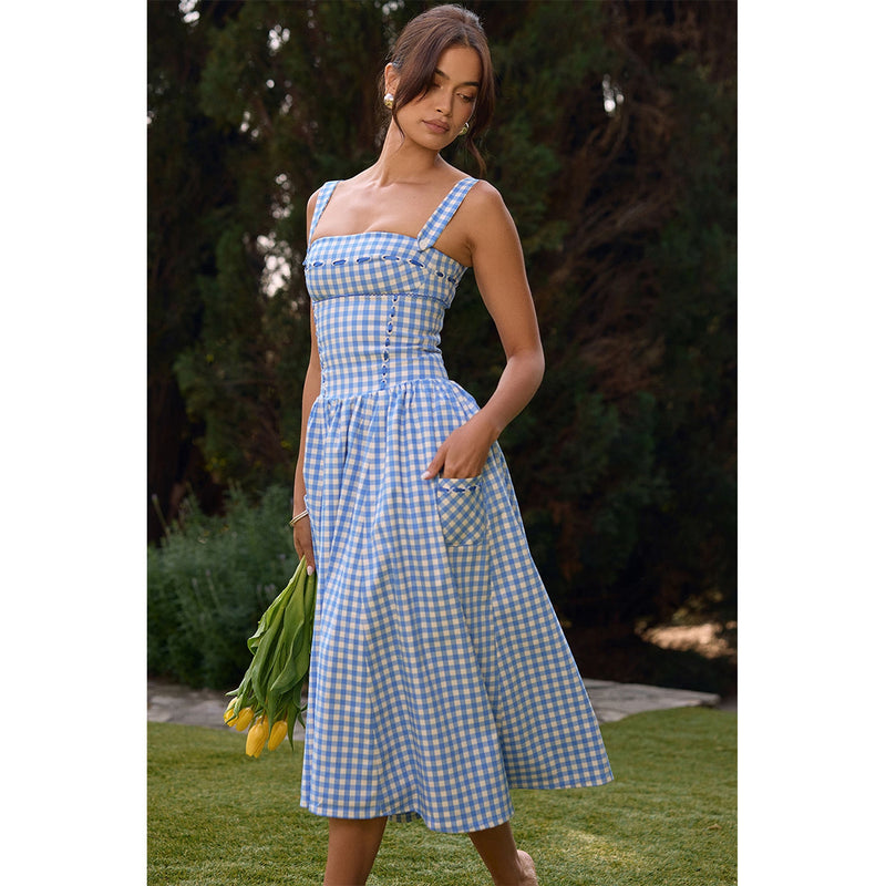 Sexy Pastoral Blue Plaid Sling Midi Dress XS / Blue - ENCHANTE VOGUE