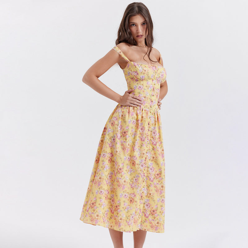 Square Collar Slim Fit Floral Midi Dress XS / Pink - ENCHANTE VOGUE