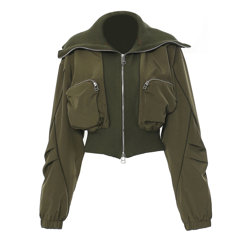 Varsity Three-Dimensional Zipper Jacket M / Army Green - ENCHANTE VOGUE