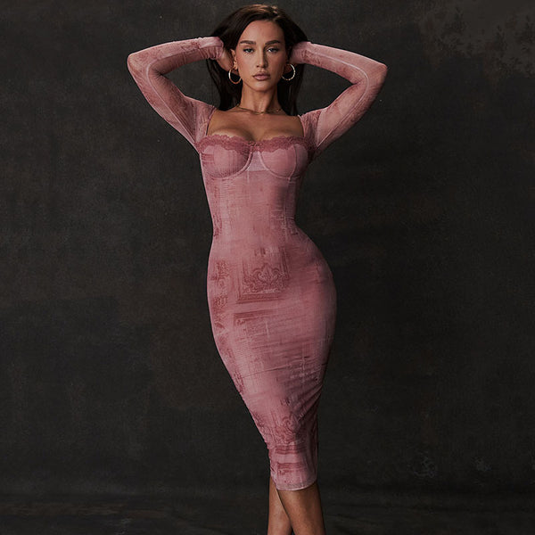 Long Sleeve Low Cut Midi Dress M / Pink - ENCHANTE VOGUE