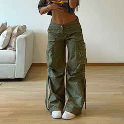 High Waist Multi Pocket Stitching Ribbon Loose Cargo Trousers S / Army Green - ENCHANTE VOGUE