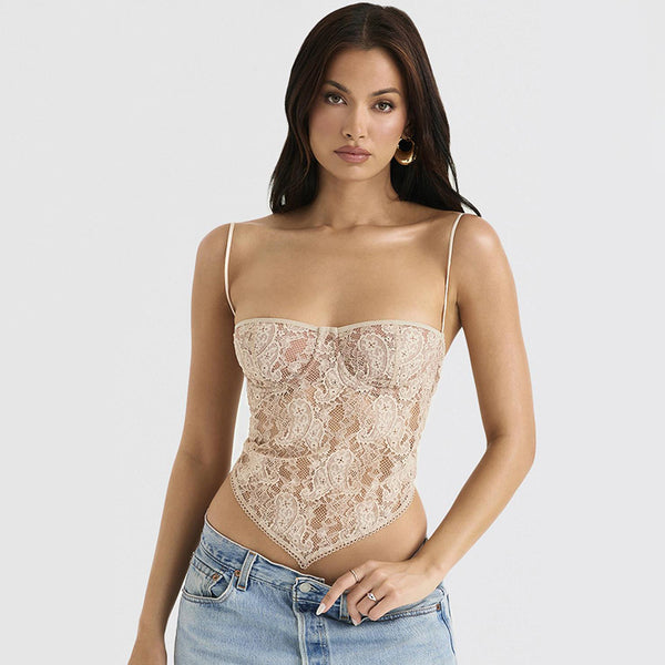 Lace Sling Slim Fit Backless Cropped Top XS / Lvory - ENCHANTE VOGUE