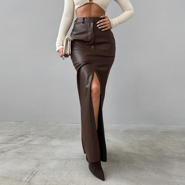 Elegant Fleece Lined High Waist Slit Leather Skirt S / Brown - ENCHANTE VOGUE