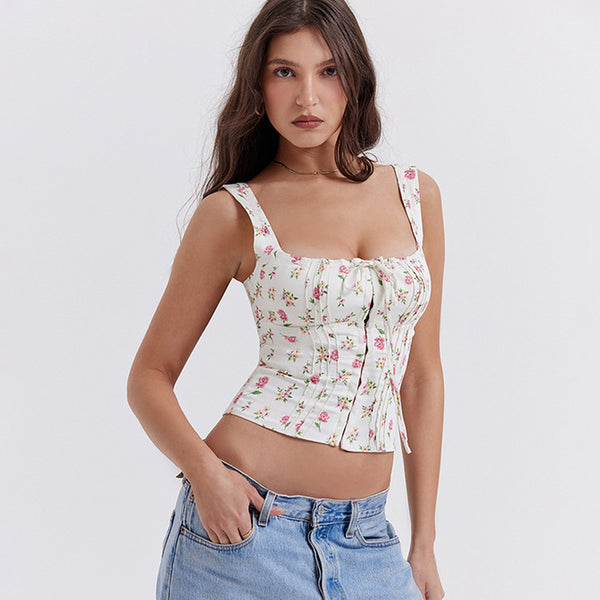 Printed Floral Cropped Top XS / Black - ENCHANTE VOGUE