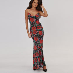 Slim Fit Floral Printed Cami Maxi Dress S / Red - ENCHANTE VOGUE