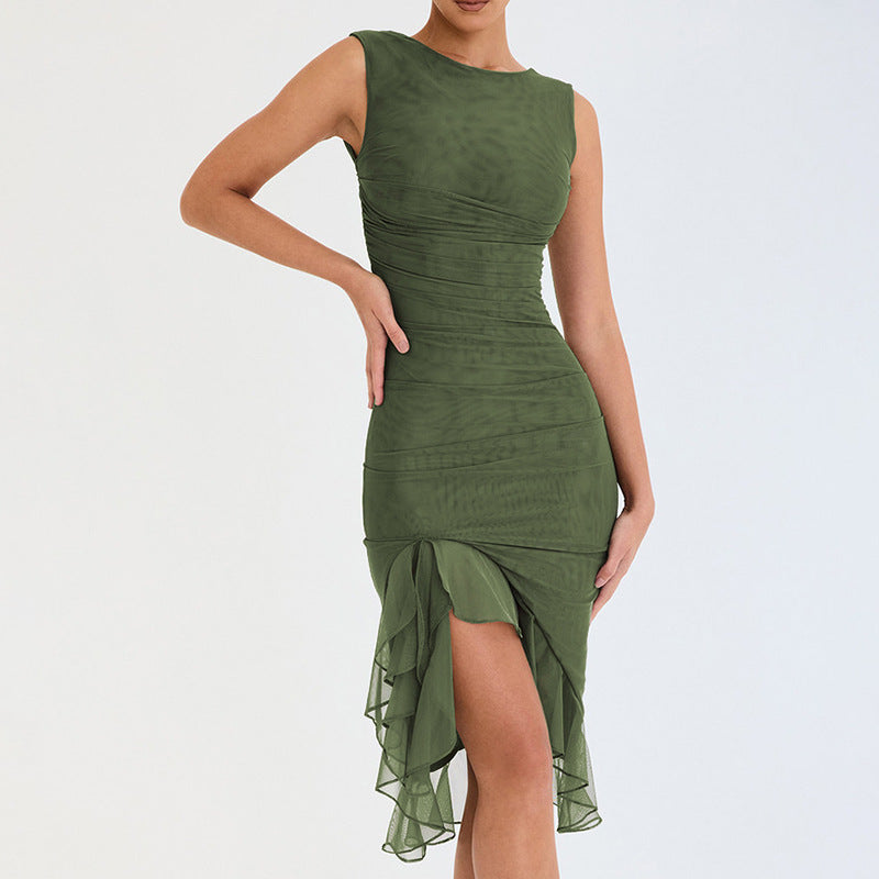 Round Neck Sleeveless Pleated Midi Dress S / Army Green - ENCHANTE VOGUE