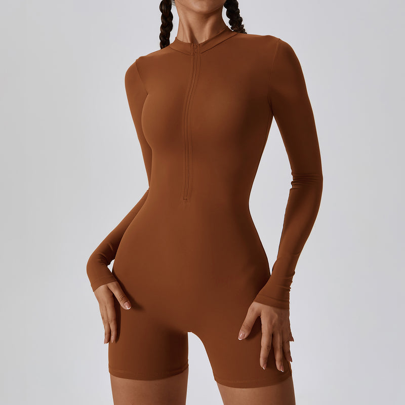 Open Collar Long-Sleeve Zipper One-Piece Romper S / Wood Brown - ENCHANTE VOGUE