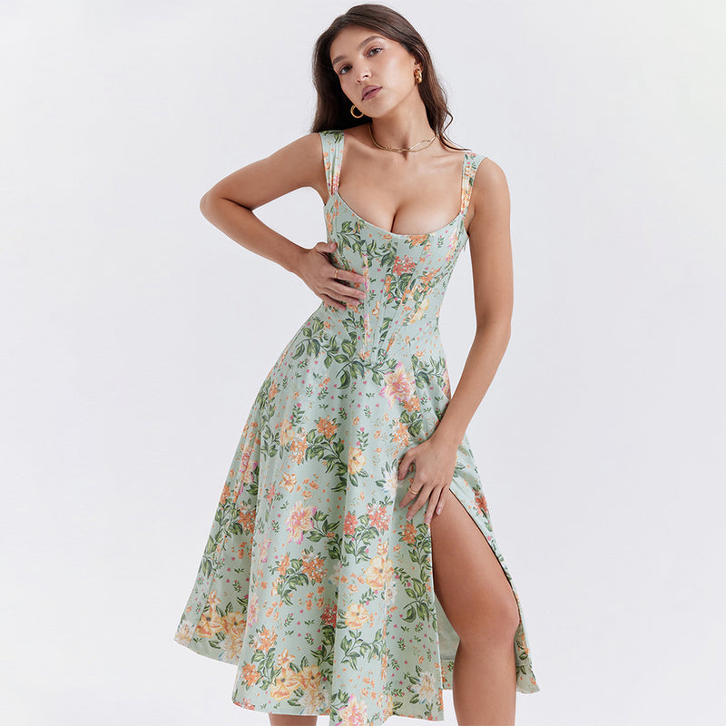 Sexy Boning Corset Slim Fit Slit Midi Floral Dress XS / Ivory - ENCHANTE VOGUE