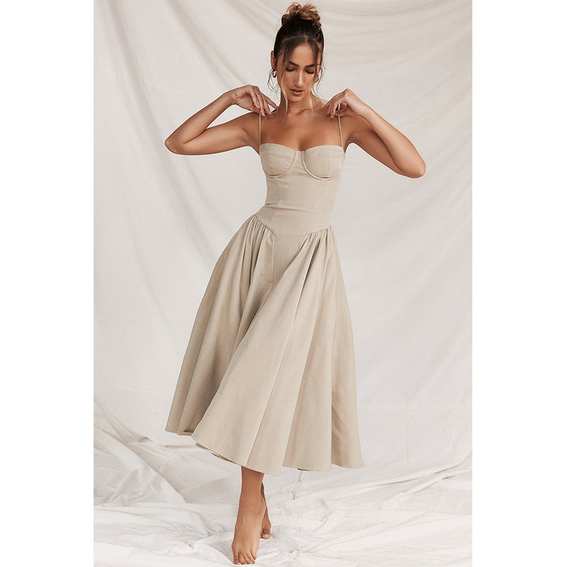 V Neck Strap Waist Tight Slim Fit Midi Dress XS / Khaki - ENCHANTE VOGUE