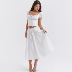 Square Collar Puff Sleeve Cropped Top Skirt Two Piece Set XS / White - ENCHANTE VOGUE