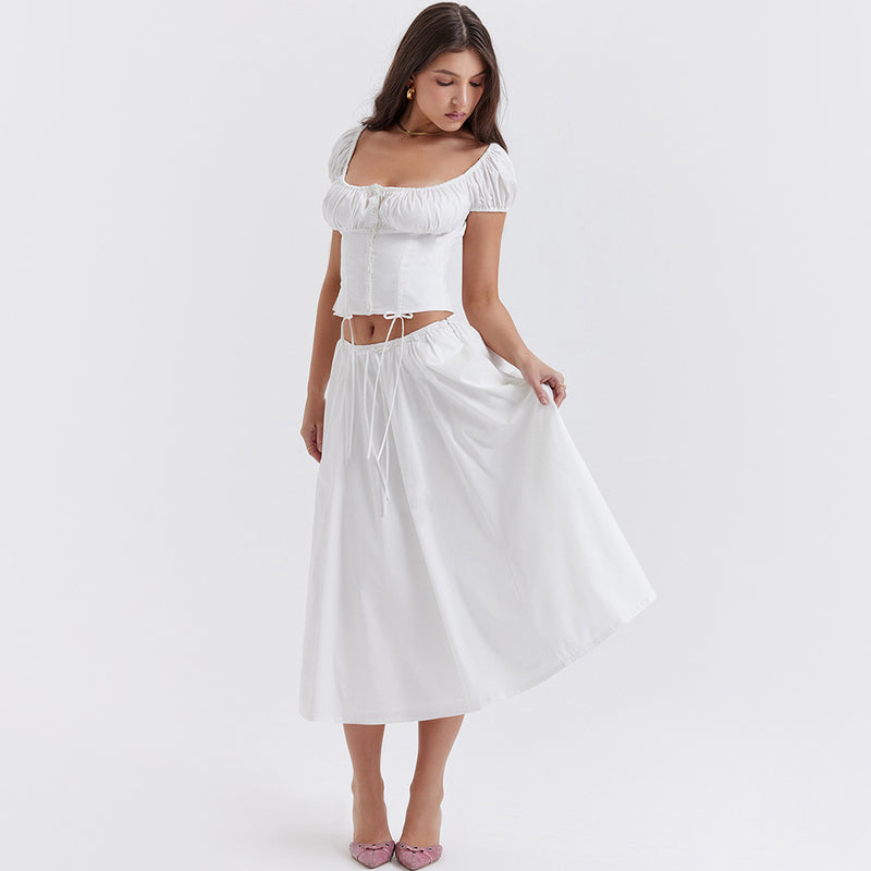 Square Collar Puff Sleeve Cropped Top Skirt Two Piece Set XS / White - ENCHANTE VOGUE