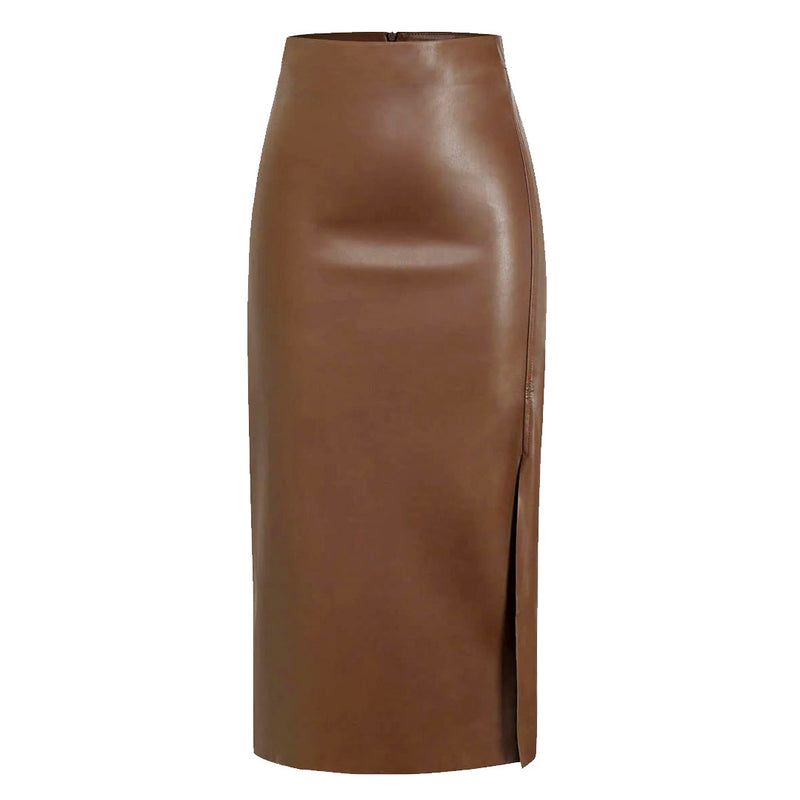 Faux Leather High Waist Sheath Long Skirt S / Brown - ENCHANTE VOGUE