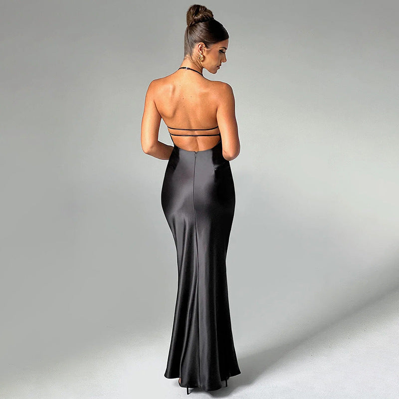 V neck Backless Long Slim Camisole Maxi Dress S / Black - ENCHANTE VOGUE