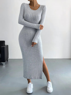 Long Sleeve Crew Neck Split Knitted Maxi Dress XS / Light Gray - ENCHANTE VOGUE