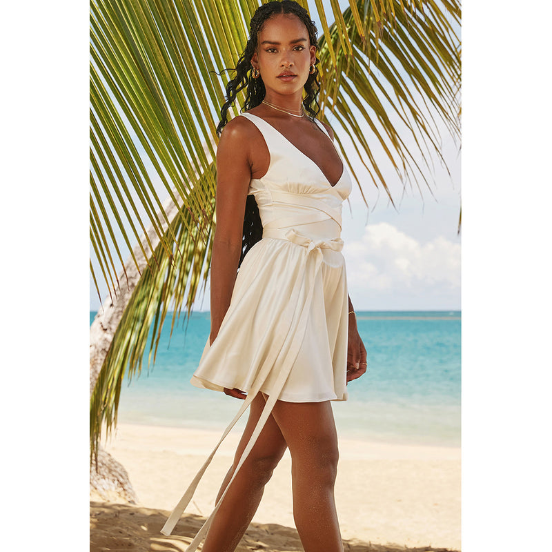 Deep V Slim Fit White Mini Dress XS / White - ENCHANTE VOGUE