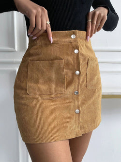 Corduroy Single Breasted Slim Fit Skirt S / Turmeric - ENCHANTE VOGUE