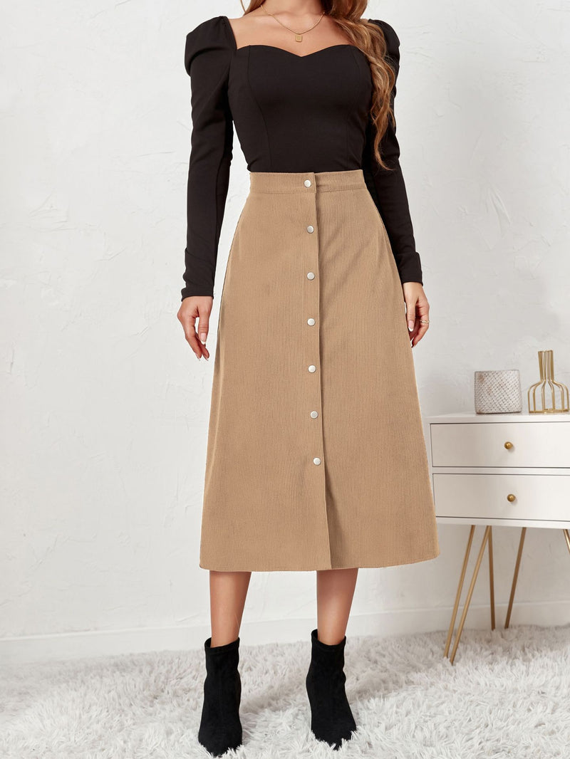 Corduroy Single Breasted High Waist Skirt S / Apricot - ENCHANTE VOGUE