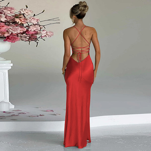 Sexy V neck Backless Self Tie Slit Dress S / Red - ENCHANTE VOGUE