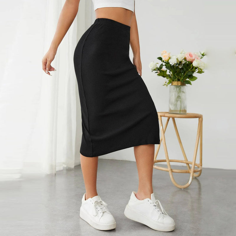 Elastic Waist Bag Hip Slit Skirt S / Black - ENCHANTE VOGUE