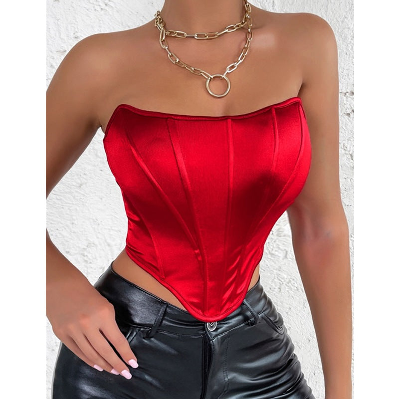 Glossy Diamond Cropped Backless Boning Corset Vest Top XS / Black - ENCHANTE VOGUE