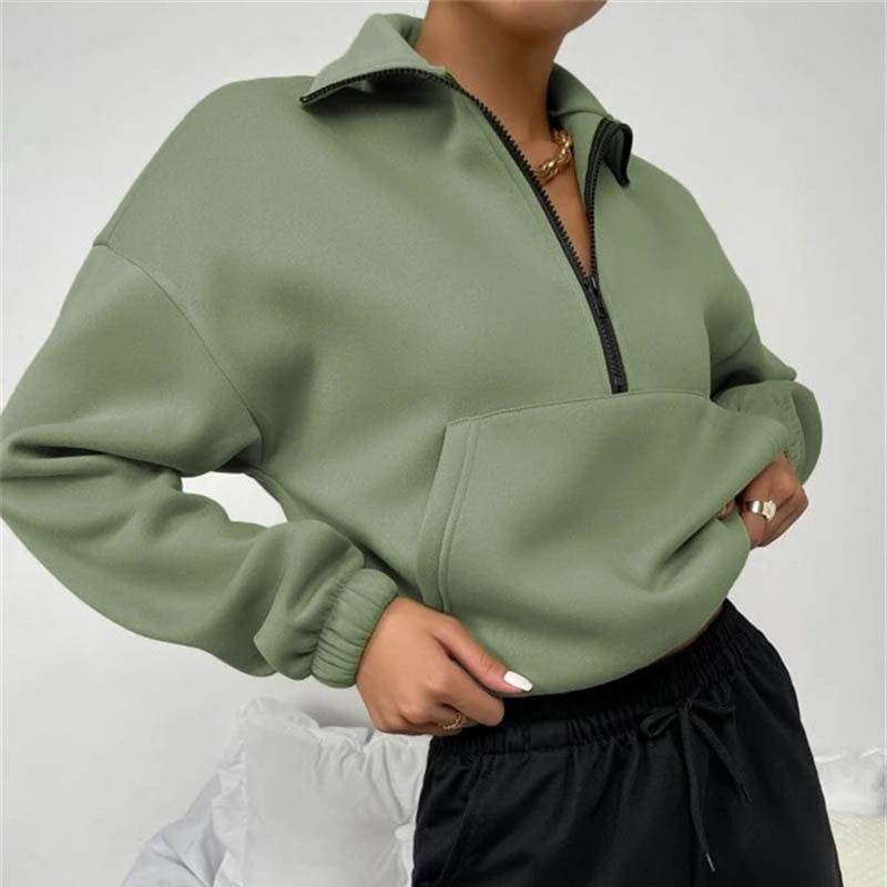 Loose Zip Collar Long Sleeve Sweatshirt S / Khaki - ENCHANTE VOGUE