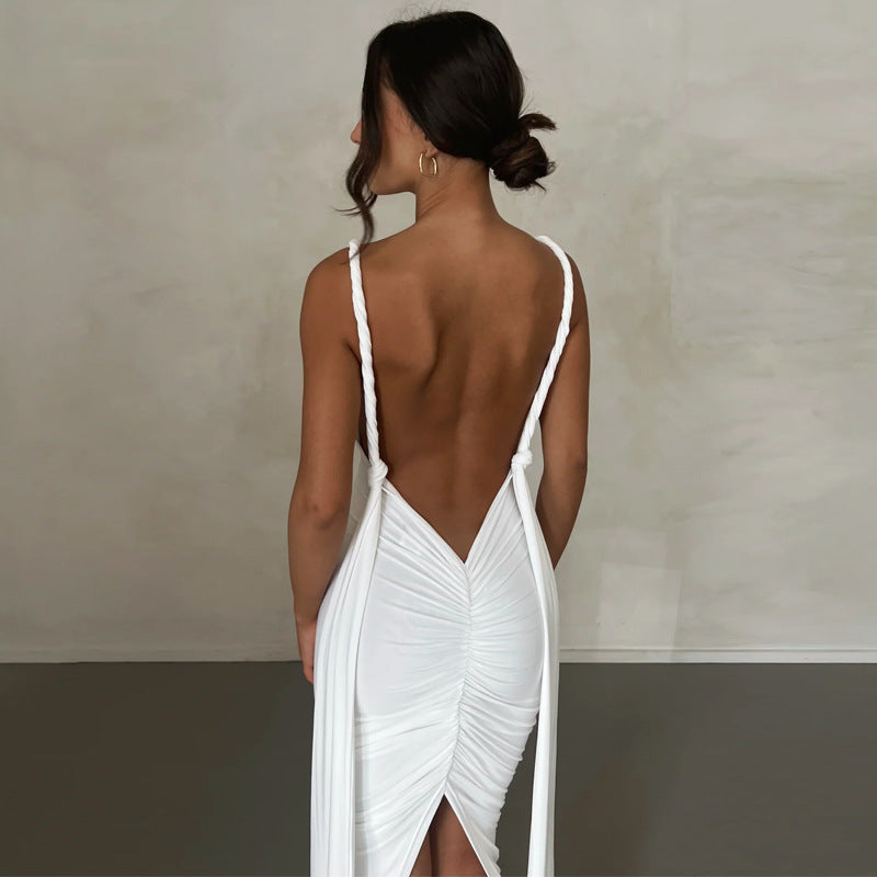 Sexy Deep V Backless Split Maxi Dress S / White - ENCHANTE VOGUE