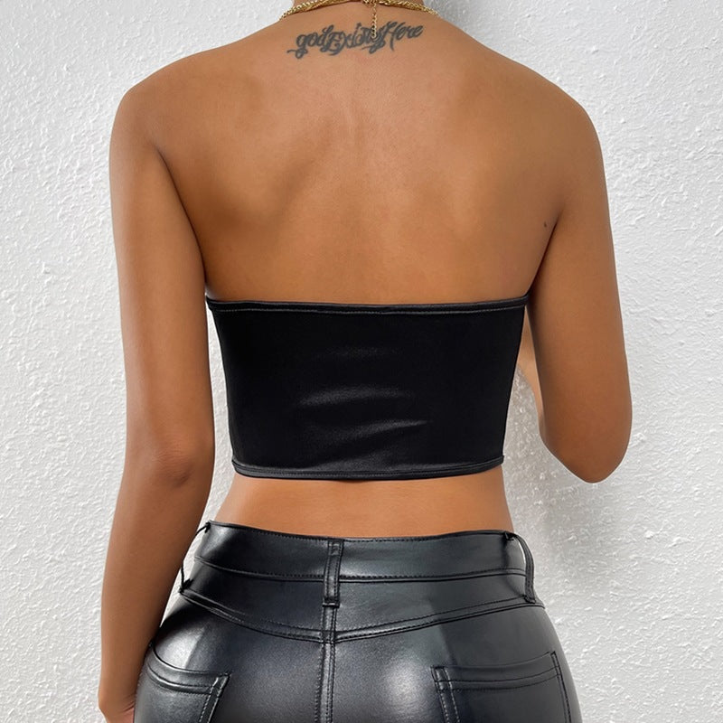 Glossy Diamond Cropped Backless Boning Corset Vest Top XS / Black - ENCHANTE VOGUE