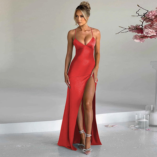 Sexy V neck Backless Self Tie Slit Dress S / Red - ENCHANTE VOGUE